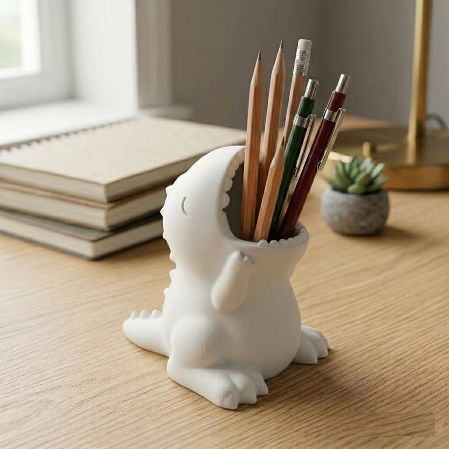 Kawaii Dino 3D-gedruckter Schreibtisch-Organizer als niedlicher Dinosaurier-Stifthalter aus Kunststoff, B: 9 cm, T: 9,3 cm, Farben: Schwarz oder Weiß - Bild 2