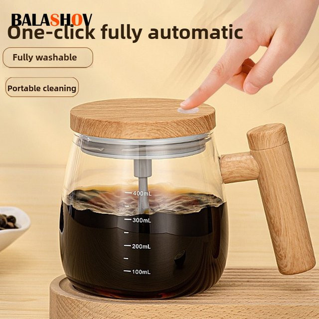 Selbstrührende Kaffeetasse von BALASHOV, tragbarer elektrischer Becher aus Glas mit Holzgriff, transparent/braun - Bild 1