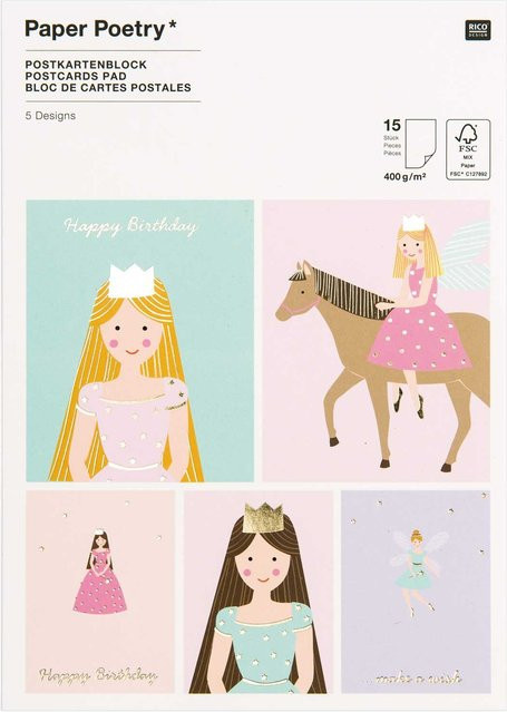 Rico Design Paper Poetry Postkartenblock Prinzessin mit 15 Stück und 400g/m² - Bild 1