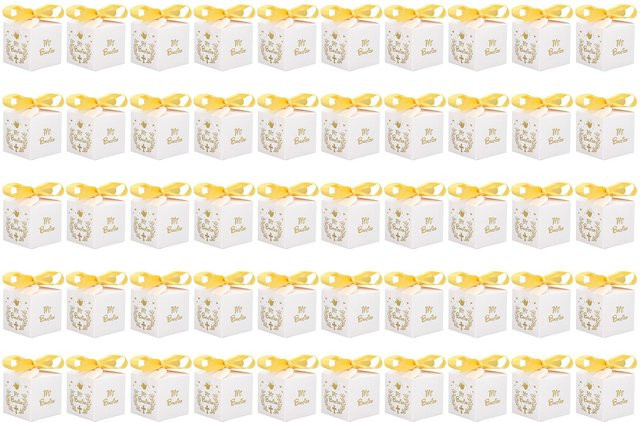 50 Stück Gastgeschenkboxen aus Papier von OutsideWorld in Weiß mit Goldband für Hochzeiten und Taufen - Bild 1