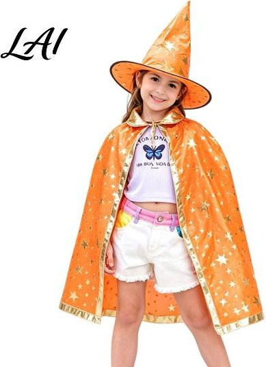 Zauberer Kleidung Kinder Umhang mit Hut, Sternenmuster, Orange, Fantasy - Bild 1