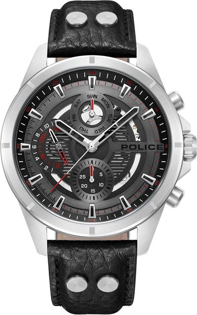Police Herrenuhr, Quarz, Edelstahl, Leder, 45 mm, Grau - Bild 1