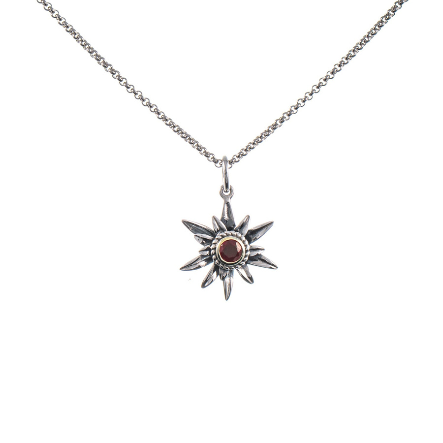 Anhänger Edelweiss mit Kette, 925 Silber geschwärzt, Granat - Bild 1