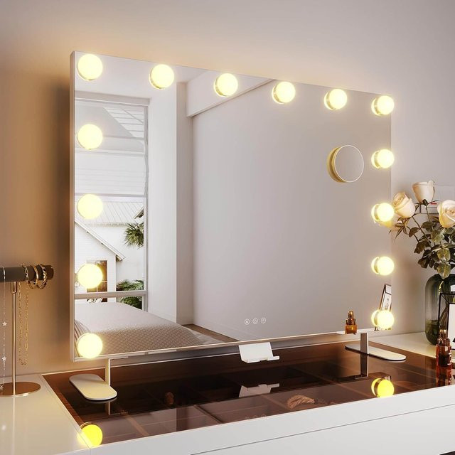 SONNI Hollywood Schminkspiegel in Weiß mit LED-Beleuchtung, 3 Lichtmodi, dimmbar, Smart Touch Steuerung, Handyhalter und USB, B: 80 cm, H: 60 cm - Bild 1