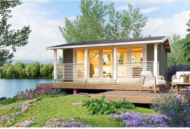 Lasita Blockbohlenhaus Lyndhurst Gartenhaus mit Satteldach in Grau-Grün lasiert B/H/T: 610 x 244,8 x 460 cm - Bild 1
