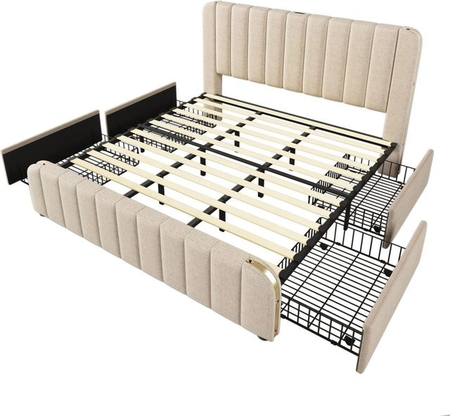 Merax Polsterbett mit Schubladen und USB-C Ladestation in Beige, B/T/H: 180 x 200 x 187 cm - Bild 1