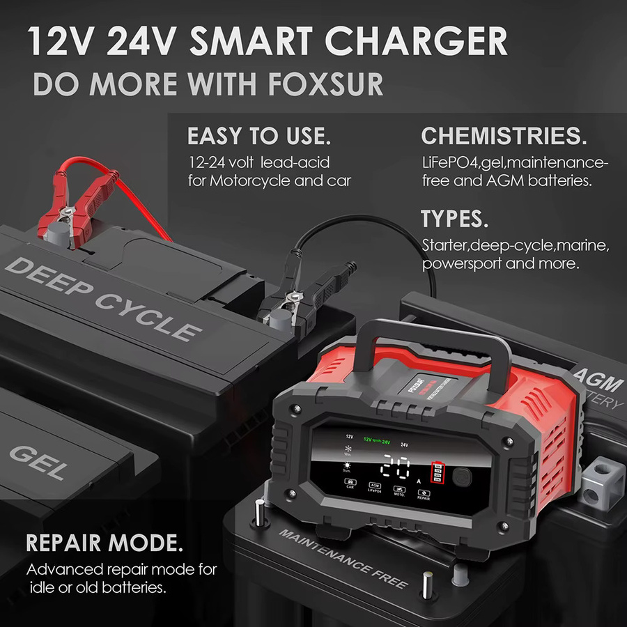 EAFC Autobatterieladegerät 20A/10A 12V/24V mit Pulsreparatur für AGM, Gel, Nass, Blei-Säure und LiFePO4 Batterien - Bild 2
