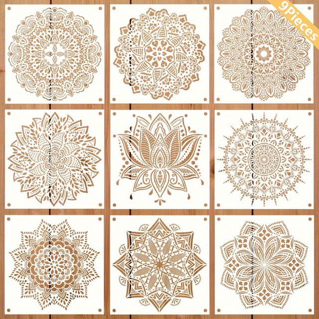 9-teiliges Mandala-Malschablonen-Set aus Kunststoff in Gold für DIY-Handwerk, Wand, Holz und Stoff, B/H: 30 x 30 cm - Bild 1