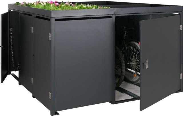MCW 3er-Mülltonnenverkleidung und 2er-Fahrradgarage mit Pflanzkasten, abschließbar, Metall, anthrazit, B/T/H: 130 x 193 x 208 cm - Bild 1
