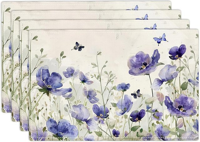 4er-Set JF TableLinen Platzsets mit Bauernhaus-Blumenmotiv in Grau und Blau, wasserdicht und waschbar, rustikales Design mit Lavendel und Schmetterlingen - Bild 1