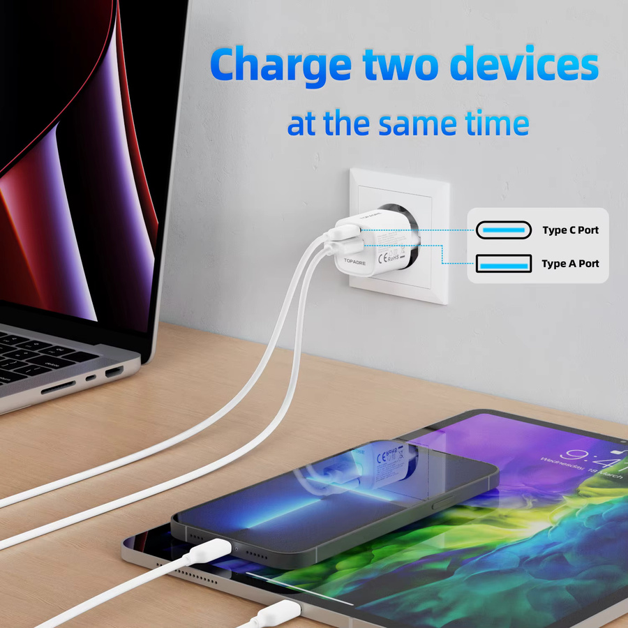 TOPADRE 20W Schnellladegerät mit USB Typ C und QC 3.0 PD für iPhone, Xiaomi und Samsung in Weiß - Bild 2