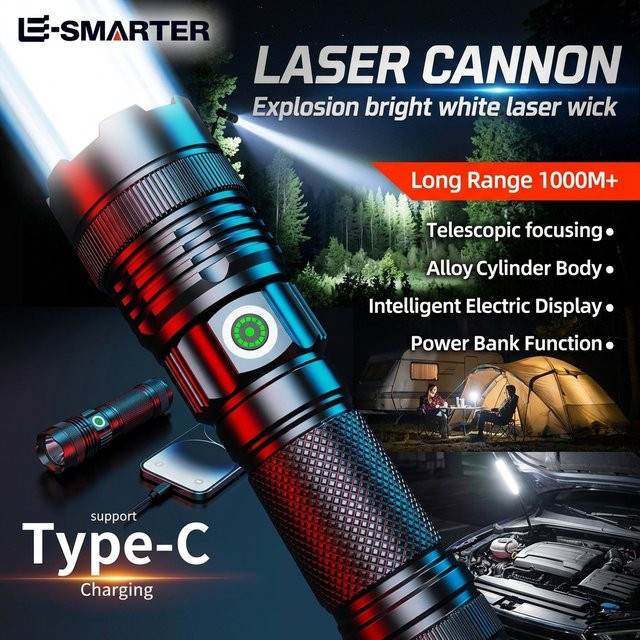 ESMARTER LED Taschenlampe aus Aluminium in Schwarz mit stufenloser Dimmung und Zoom-Funktion, wasserdicht und wiederaufladbar - Bild 1