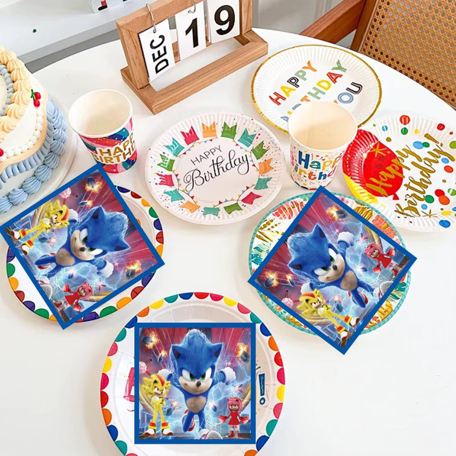 Jaysuing Blue Cat Sonic Party-Set für Kinder in Multicolour mit Einwegbesteck, Papptellern, Bechern und Servietten aus Papier - Bild 2