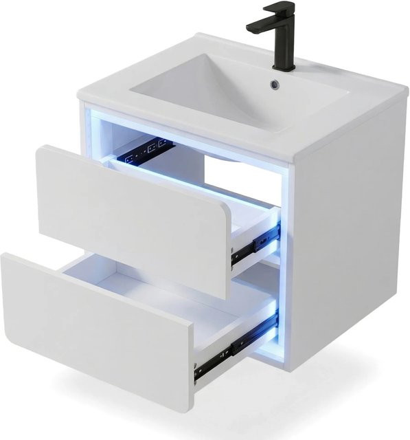 PXloue Badezimmermöbel Set mit Waschtisch aus Keramik und LED Sensorschrank in Weiß, H: 60 cm, B: 50 cm, T: 50 cm - Bild 1