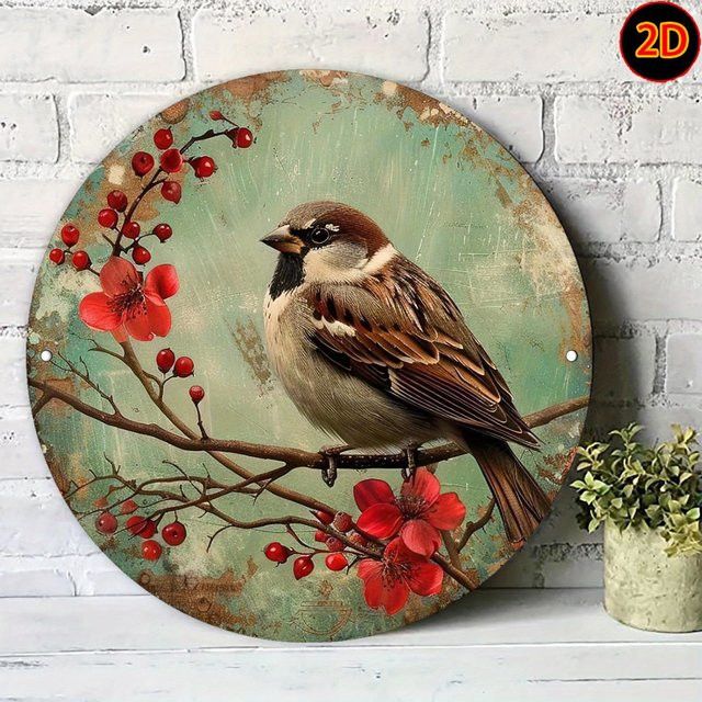 Potdemiel Vintage Sparrow Floral Metallwandkunst aus Aluminium, kreisförmig, rot und grün, Durchmesser: 20 cm - Bild 1