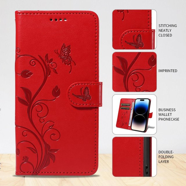 Lederhülle mit Schmetterlingsblumen-Ranken für Samsung Galaxy S25 S24 S23 S22 S21 S20 Ultra Plus FE Edge Flip als Brieftaschen-Abdeckung in Rot - Bild 1
