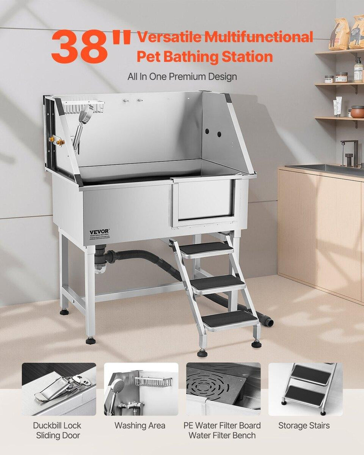 Buying Solutions MB Hundepflege-Badebadewanne aus Edelstahl mit Treppe, Wasserhahn und Duschkopf, Silber, B/T/H: 122,0 x 96,1 x 62,0 cm - Bild 2