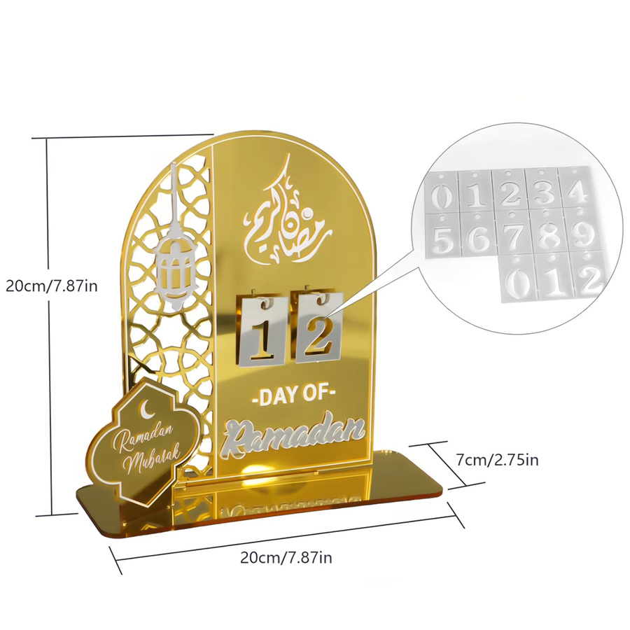 Ramadan-Countdown-Kalender aus Acryl für 2026 mit austauschbaren Nummern in Grau und Gold zur Dekoration - Bild 3