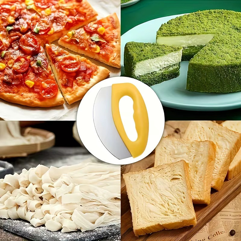 XMSJ Multifunktionaler Mezzaluna-Pizzaschneider aus Edelstahl mit Schutzhülle in Grün und Gelb - Bild 4