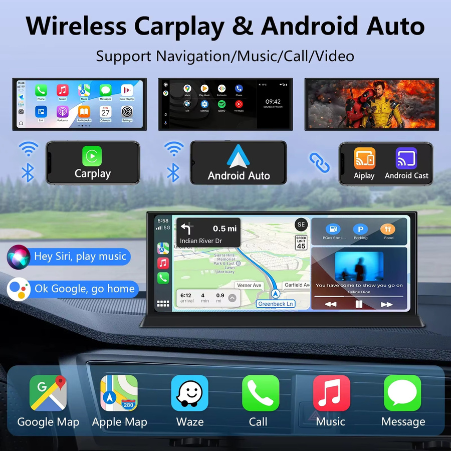 Srnubi 11,26 Zoll Touchscreen Automonitor mit kabellosem CarPlay, Android Auto, Mirror Link, GPS-Navigation und 4K Dual-Lens Dashcam Videorekorder in Schwarz - Bild 2