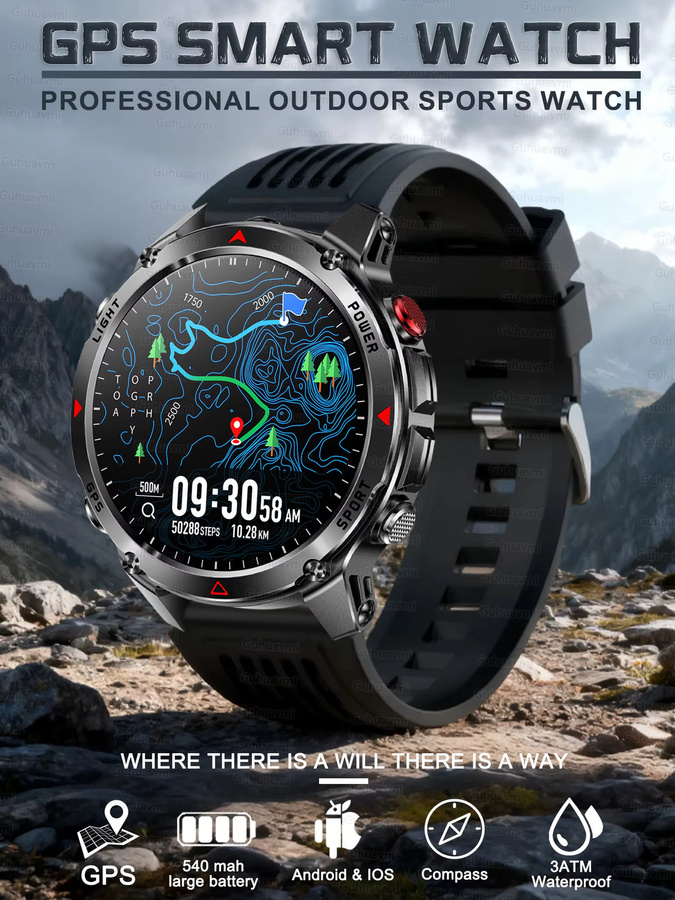 GUHUAVMI Militärische GPS-Smartwatch mit 1,43 Zoll Display, 3ATM Wasserdicht, Kompass, NFC und HD-Anruffunktion in Schwarz - Bild 7