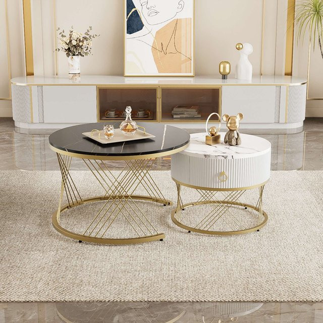 Aosom 2er Set Couchtisch rund in Marmoroptik mit Golddekor und Schubladen für dein Wohnzimmer, Durchmesser: 70 cm - Bild 1