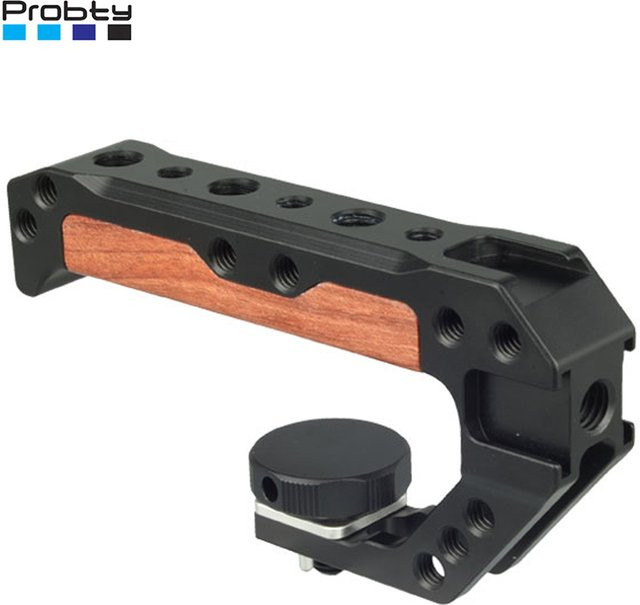 Probty Schnellverschluss-Handgriff für Kamerakäfig-Rig mit 3/8-Zoll-ARRI-Positionierungsstiften aus Holz und Metall in Schwarz und Braun - Bild 1