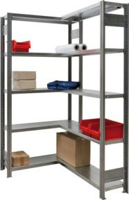 Regalwerk BERT-Eckregal Stecksystem aus verzinktem Stahl mit 5 Ebenen, Farbe: Silber/Grau, H x B x T: 200 x 87,5 x 50 cm - Bild 1