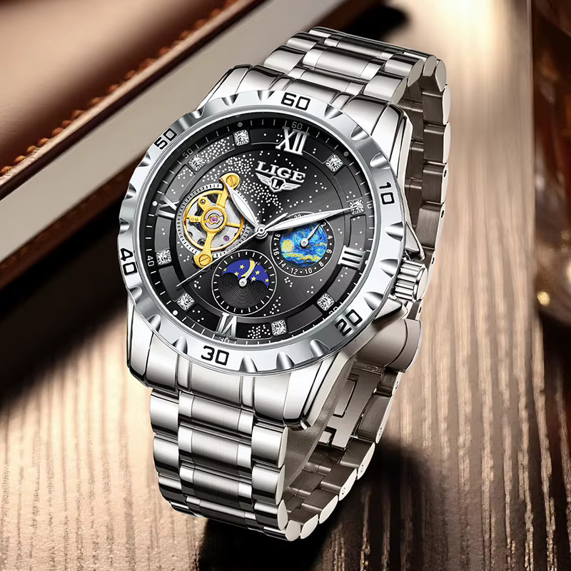 LIGE Armbanduhr Automatik, Edelstahl, Schwarz, Silber, Herren - Bild 3