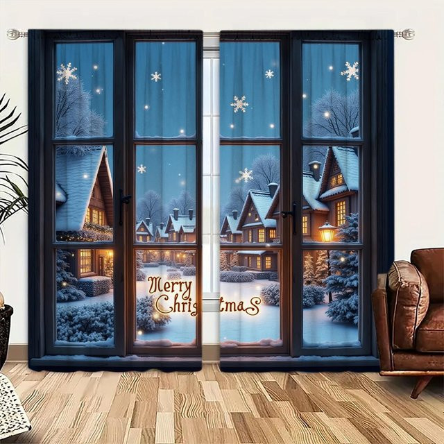 2er-Set Weihnachts Vorhänge mit Winter-Nacht-Print, grau und blau, halbtransparent, B: 52,5 cm, H: 116 cm - Bild 1