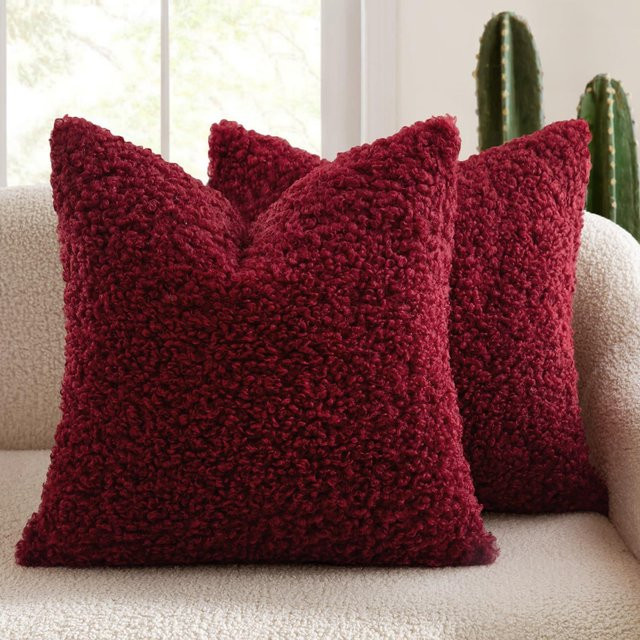 2er-Pack Teddy-Kunstfell-Kissenbezüge in Rot, quadratische Plüsch-Dekokissen für Sofa und Bett, Boho-Stil, B/T/H: 45 x 45 x 45 cm - Bild 1