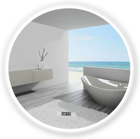 Aica Sanitär Badspiegel Rund mit LED Beleuchtung und Uhr, Durchmesser: 80 cm, Dimmbar mit Memory Touch Switch