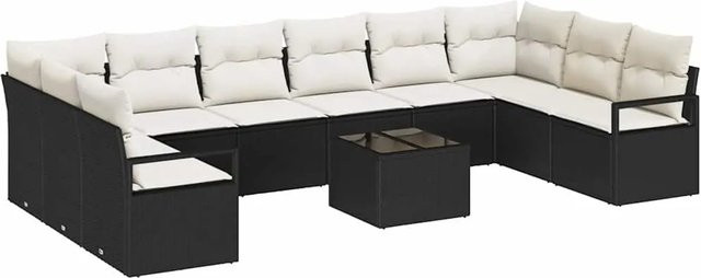 vidaXL Garten-Sofa-Set 11-teilig in U-Form aus Poly Rattan und Stahl, Schwarz-Creme mit Polstern und Tisch - Bild 1