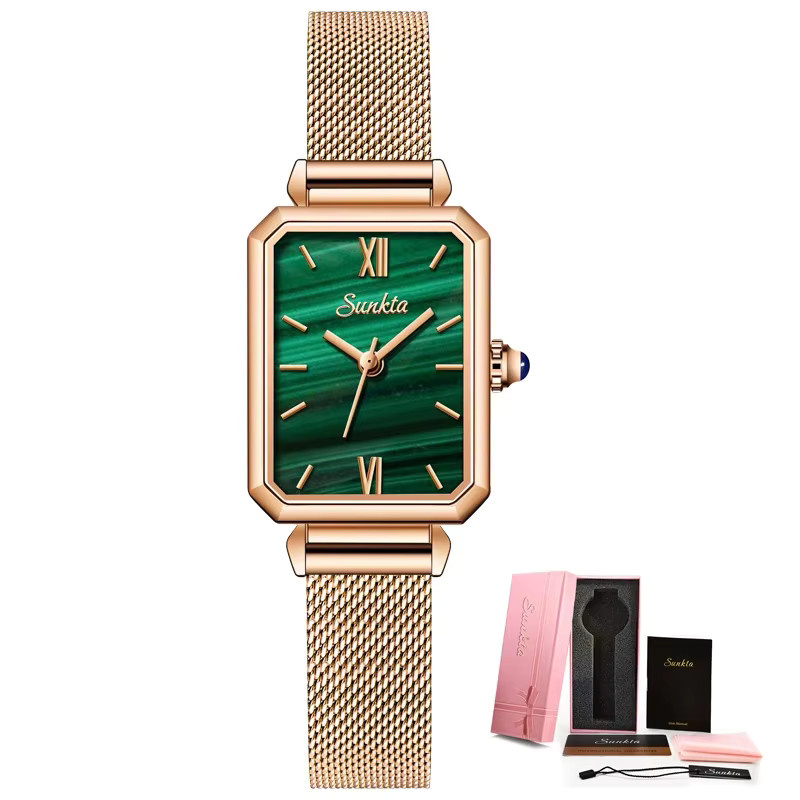 Sunkta Armbanduhr Damen, Quarz, rechteckig, grün, Roségold, Milanaise - Bild 6