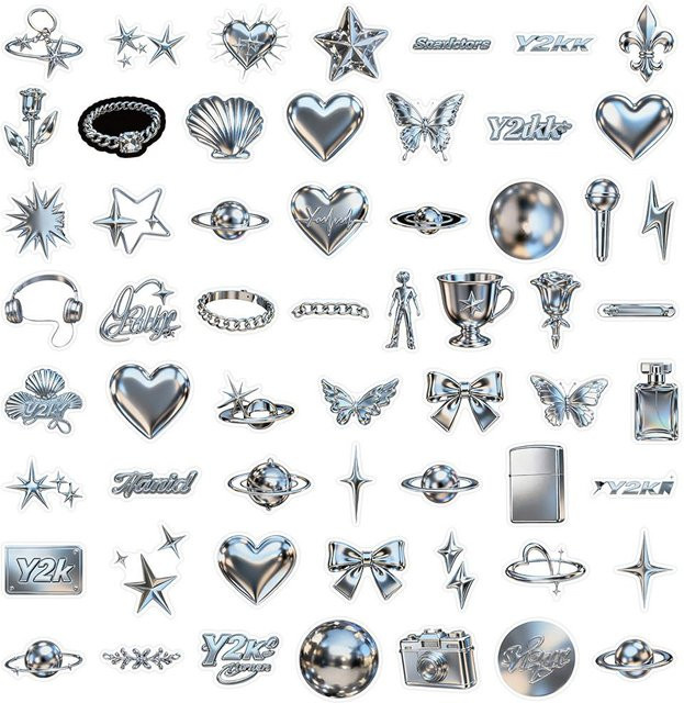 58 Stück Trendige 3D Metallische Sticker in Silber für Journal und DIY Bastel-Verzierung von AnimeWorlds Store - Bild 1