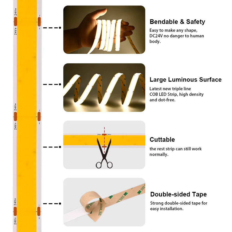 COXO COB-LED-Streifenlicht mit 2600 Lumen/m, dimmbar, 960 LEDs/m, RA90, DC24 V - Bild 4
