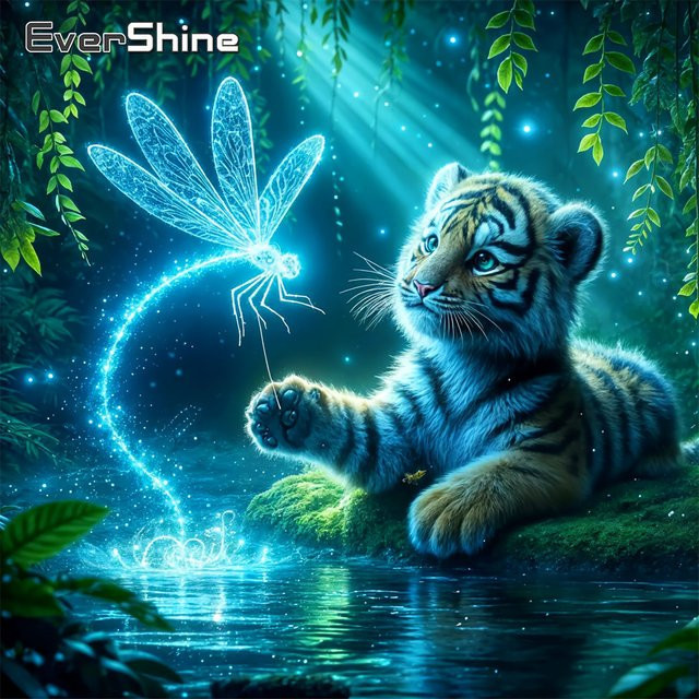 EverShine DIY Diamantstickerei Set mit Tiger und Libelle als Rundes Mosaik-Bild für Erwachsene - Bild 1