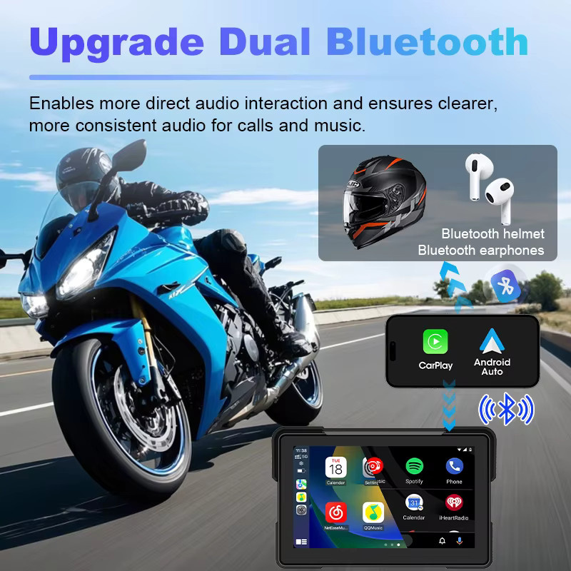 Jansite Tragbares Carplay Motorrad-Navigationsgerät mit GPS und DVR, IPX7-wasserdichtes LCD-Display für kabelloses CarPlay und Android Auto, Schwarz, 5/7 Zoll - Bild 3