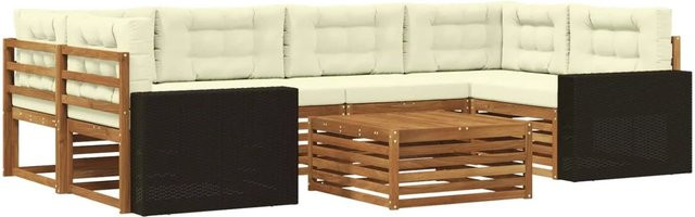 vidaXL Outdoor-Sofagarnitur L-Form aus Akazienholz mit 7 Kissen in Natur und Creme - Bild 1
