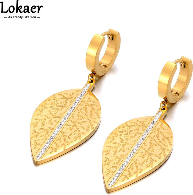 Lokaer Creolen Edelstahl, Strass, Blätter, Goldfarbe, Damen - Bild 1
