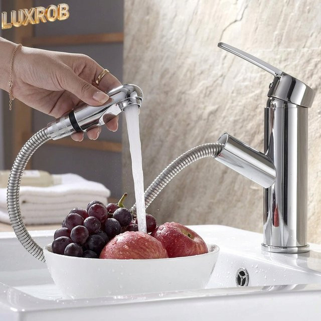 LUXROB Einhandmischer mit ausziehbarem Brausekopf für das Badezimmer-Waschbecken, Matt Schwarz - Bild 1