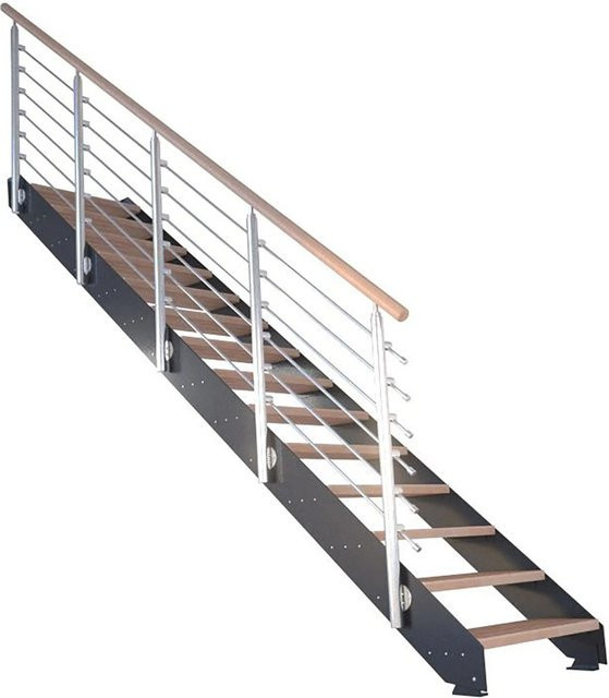 StarWood Treppe Kos mit 16 Stufen aus Buche geölt, Farbe Anthrazit und Braun, inklusive Design-Geländer aus Edelstahl, Höhe: 87 cm - Bild 1