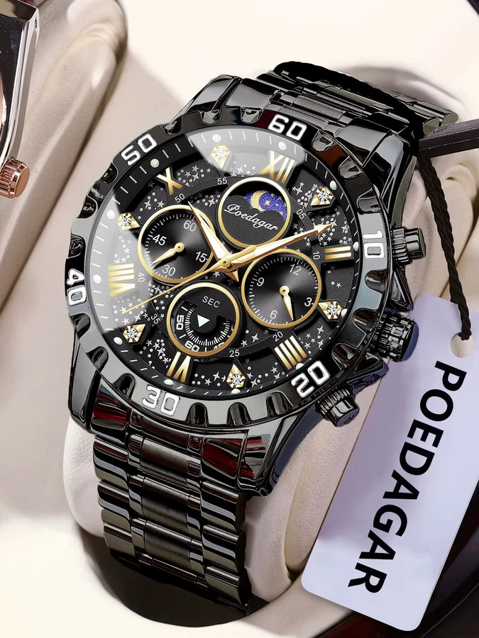 POEDAGAR Chronograph Armbanduhr, Quarz, Edelstahl, Schwarz, Herren - Bild 7