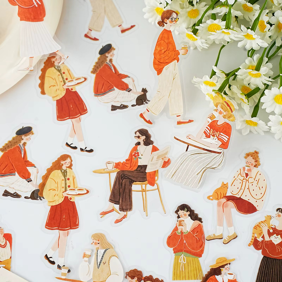 Etori Life Warm Orange Series Coffee Girl Cat Journal Sticker Set im Retro Art Style für Laptop, Handyhülle und Scrapbooking, Orange/Mehrfarbig - Bild 3