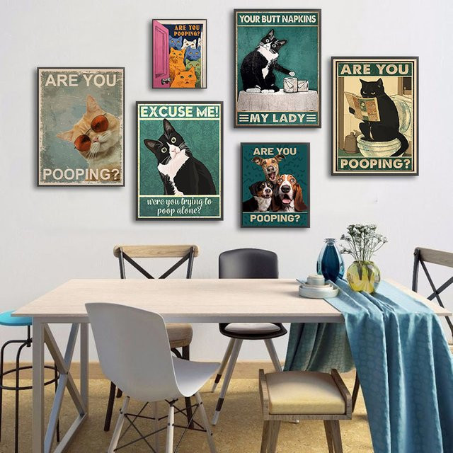 Lustiges Badezimmer-Poster Brain You Pooping von Potdemiel als Leinwandgemälde mit schwarzem Katzendruck in Schwarz und Multicolour - Bild 1