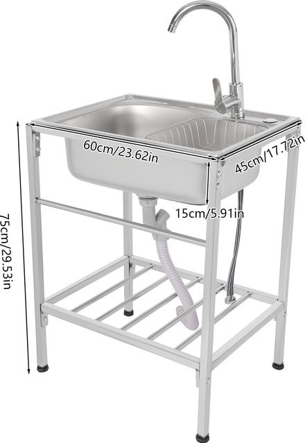 Bymaocar Edelstahl-Spülbecken aus 304 gebürstetem Stahl in Silber mit drehbarem Wasserhahn und höhenverstellbarer DIY-Option, B/T/H: 60,0 x 38,4 x 15,0 cm - Bild 1