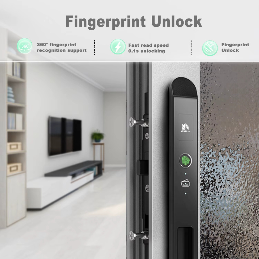 WINFREE SMART Smart Lock für Schiebetüren mit Aluminiumprofil, Fingerabdruck, Keyless Smart Card und Tuya Bluetooth Unterstützung in Silber oder Schwarz - Bild 3