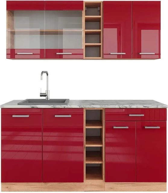 Vicco R-Line Singleküche Bordeaux Hochglanz und Goldkraft Eiche mit Marmor-Arbeitsplatte, Breite: 160 cm - Bild 1
