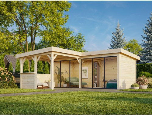 Palmako Pavillon Lenna Set 422 Slide aus Fichtenholz in Braun mit transparenten Alu-Schiebetüren, PZ-Schloss und Eck-Tresenanlage, B/T/H: 588 x 588 x 245 cm - Bild 3