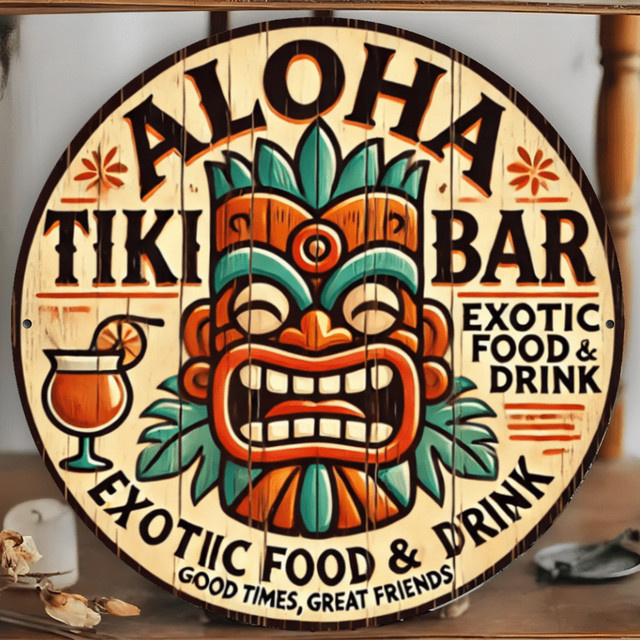 Aloha Tiki Bar Rundes Eisenschild von Potdemiel, Exotische Wandkunst mit Hawaiianischem Motiv in Multicolour, Durchmesser: 20 cm - Bild 1